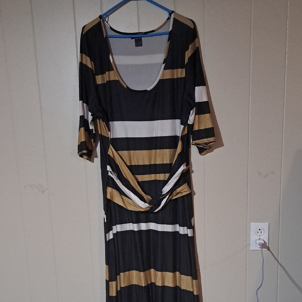 Ashley Stewart Black, White & Gold Striped Maxi Dress